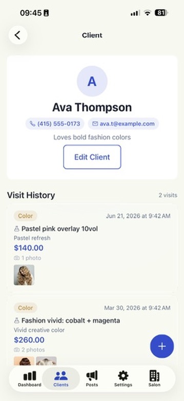 A client profile and visit history